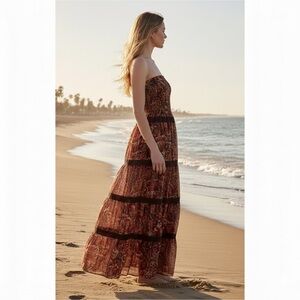 2B Bebe Women Strapless Dress Size M Long Midi Maxi Smoke Red Floral Tiered